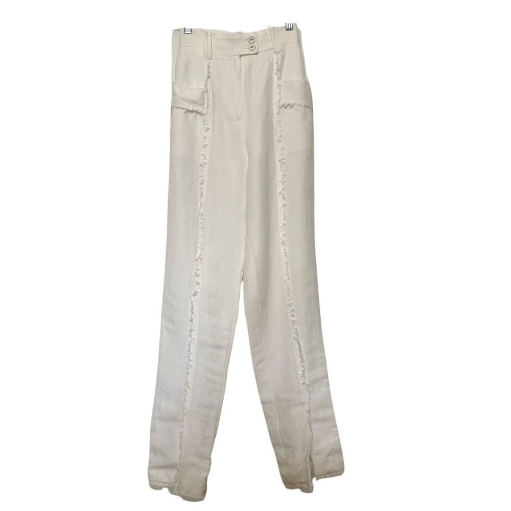 AJE WHITE LINEN BLEND MARTINO TAPERED LEG FRAY PANTS - 4 - Picture 4 of 13